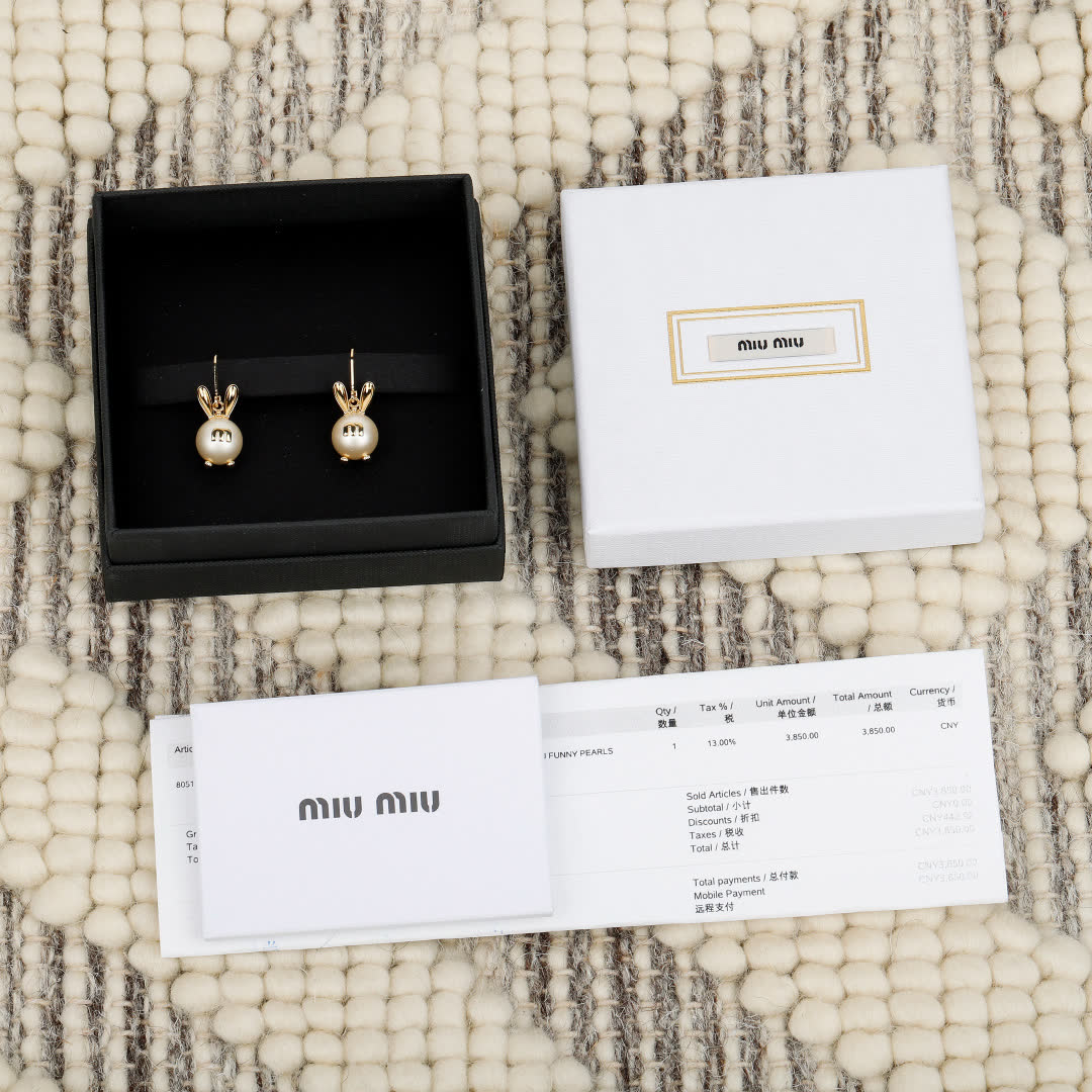 Miu Miu Gold Tone Bunny Earrings with Pearl Detail